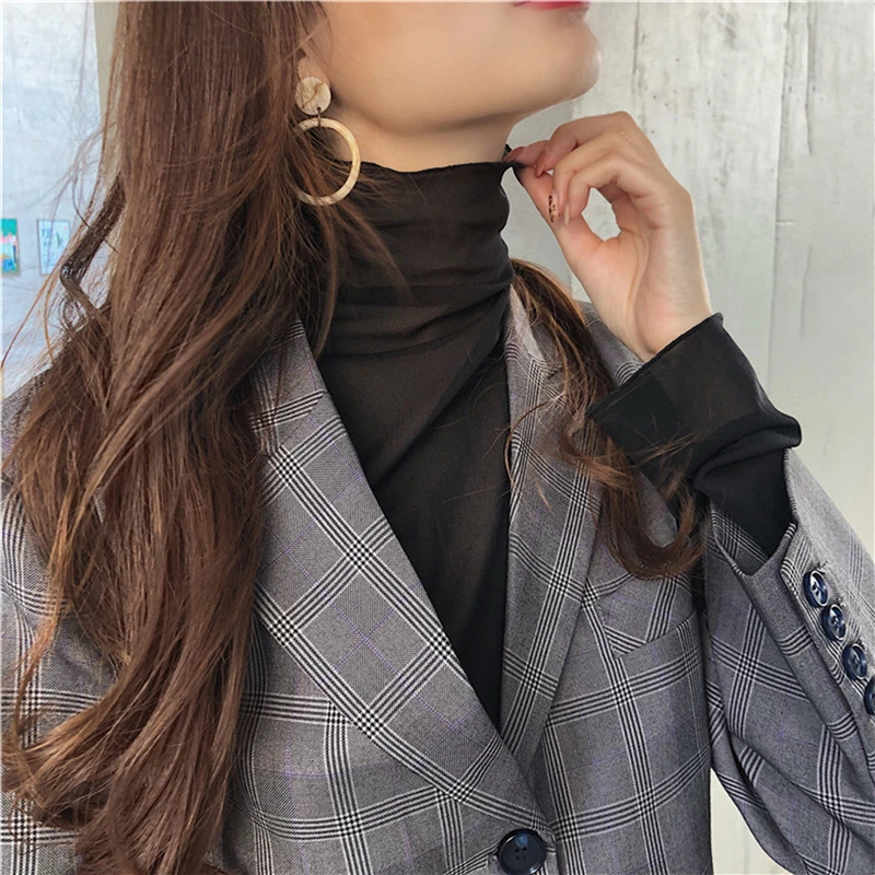 Sexy Solid Color Fungus High Neck Lace See Through Women Tshirt Retro Temperament Mesh Women's T-shirt Office Lady Splice TShirt | Женская