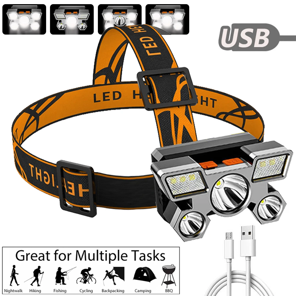 

Portable LED Headlight 5 Light Sources Ultra Bright Rechargeable Headlamp 4 Modes Waterproof Camping Torch Powerful Head Lamp