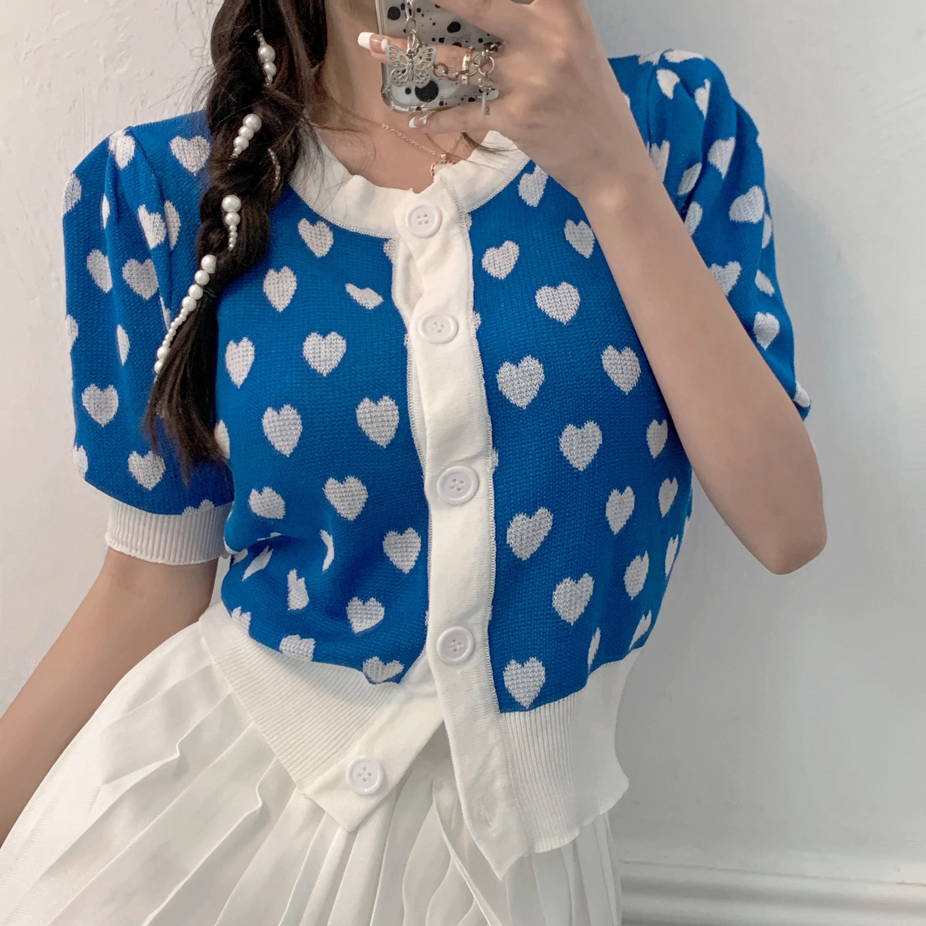 

Knit Cardigan Women O-neck Knitted Short Puff Sleeve Cropped Thin Slim Sweaters Cardigans Lady Hearts Crop Tops for Female