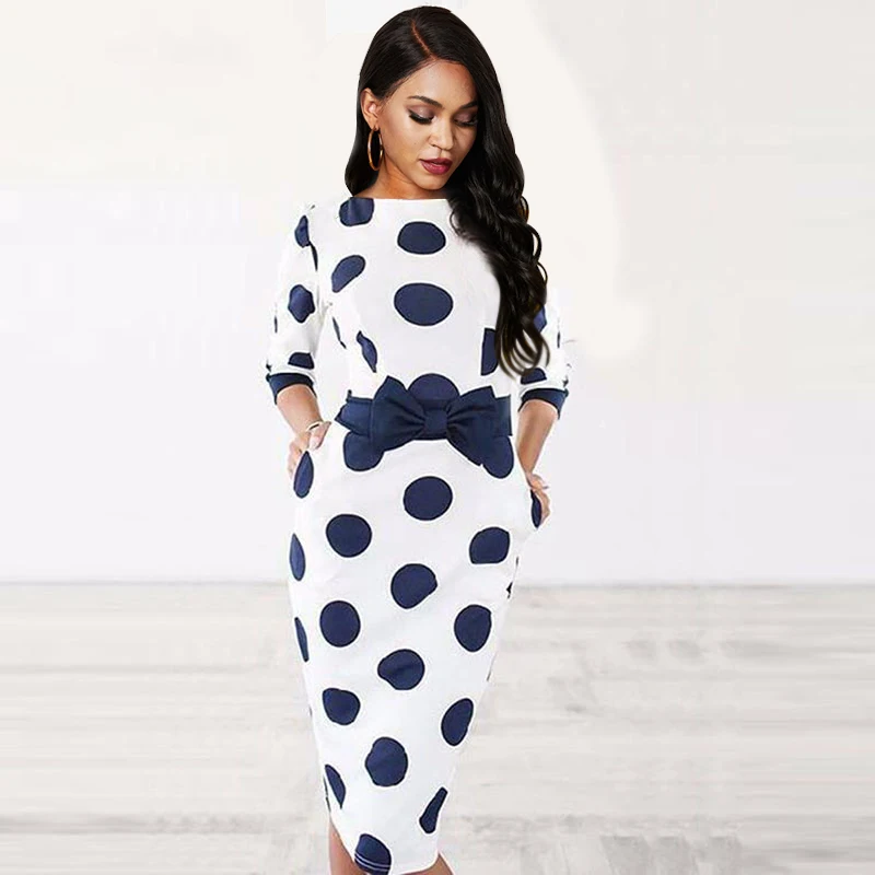 Sisjuly Bodycon Женщины Горошек Винтажное Платье Оболочка С Длинным Рукавом Бантом Ретро Офис Белый Короткие Платья Партии Лето