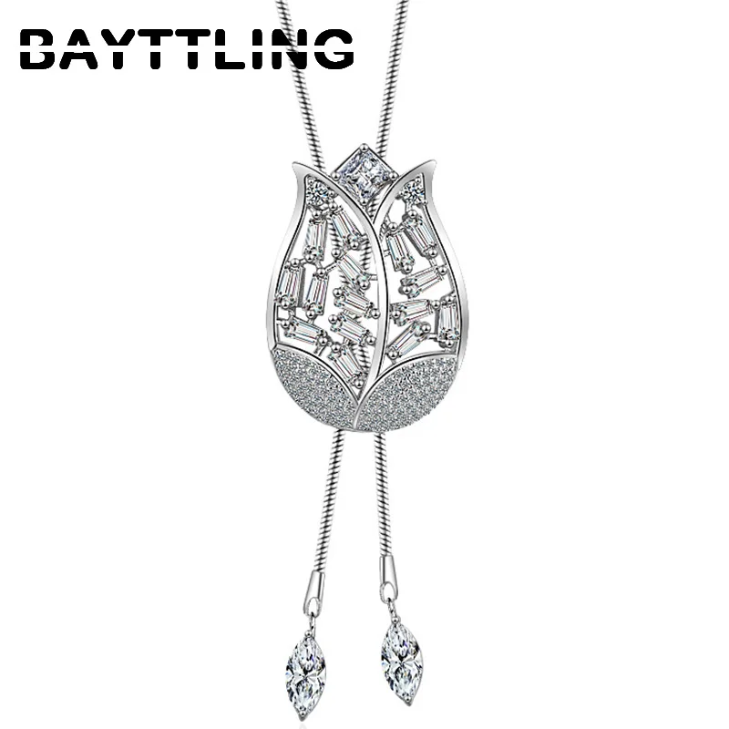

BAYTTLING 925 Sterling Silver AAA Zircon Flower Pendant Long Necklace For Woman Fashion Charm Wedding Jewelry Gift