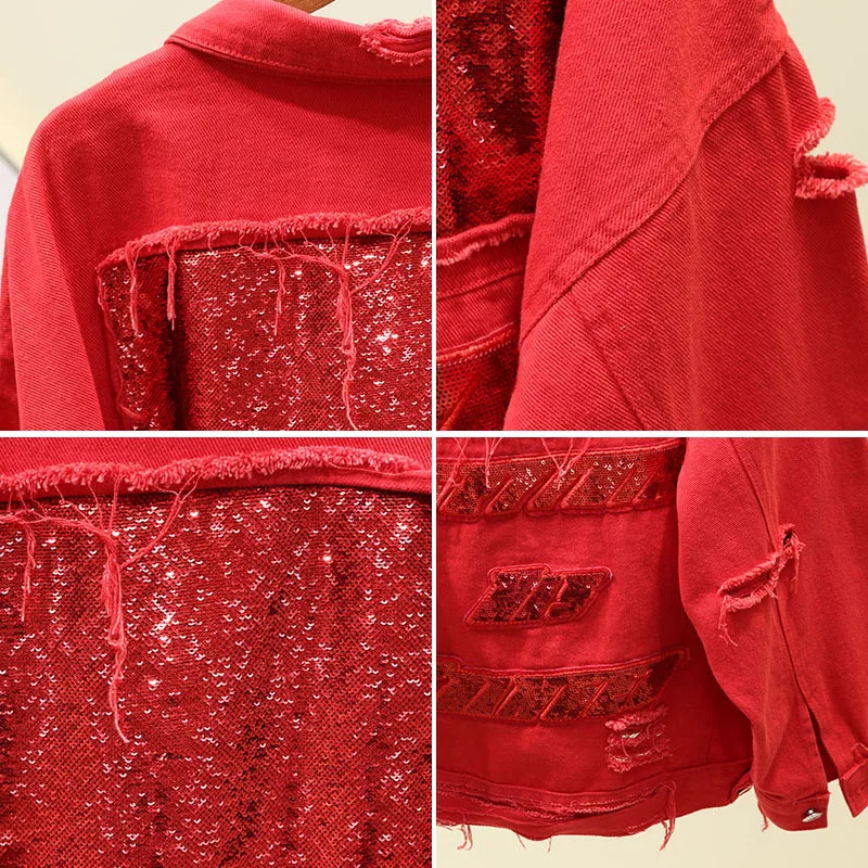 

Sequin Red Denim Jacket Women Coat 2020 Spring Autumn Big size Loose Holes Short Jeans Jacket Fashion Ladies Jeans Coat Outwear