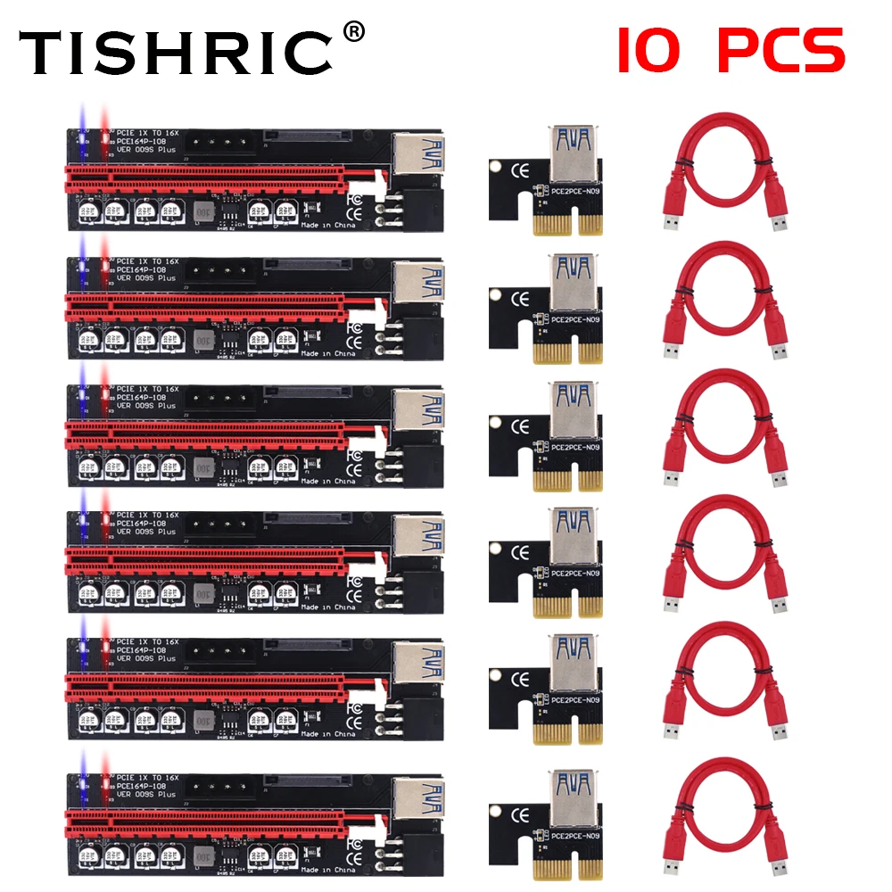 Переходник TISHRIC с 1 на 10 шт. Райзер 009S Plus PCI Express X16 карта Райзера PCIE Sata 4 контактный 6