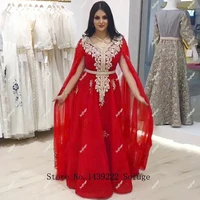 red moroccan kaftan beads evening dresses long sleeves lace appliques belt arabic muslim special occasion wedding evening