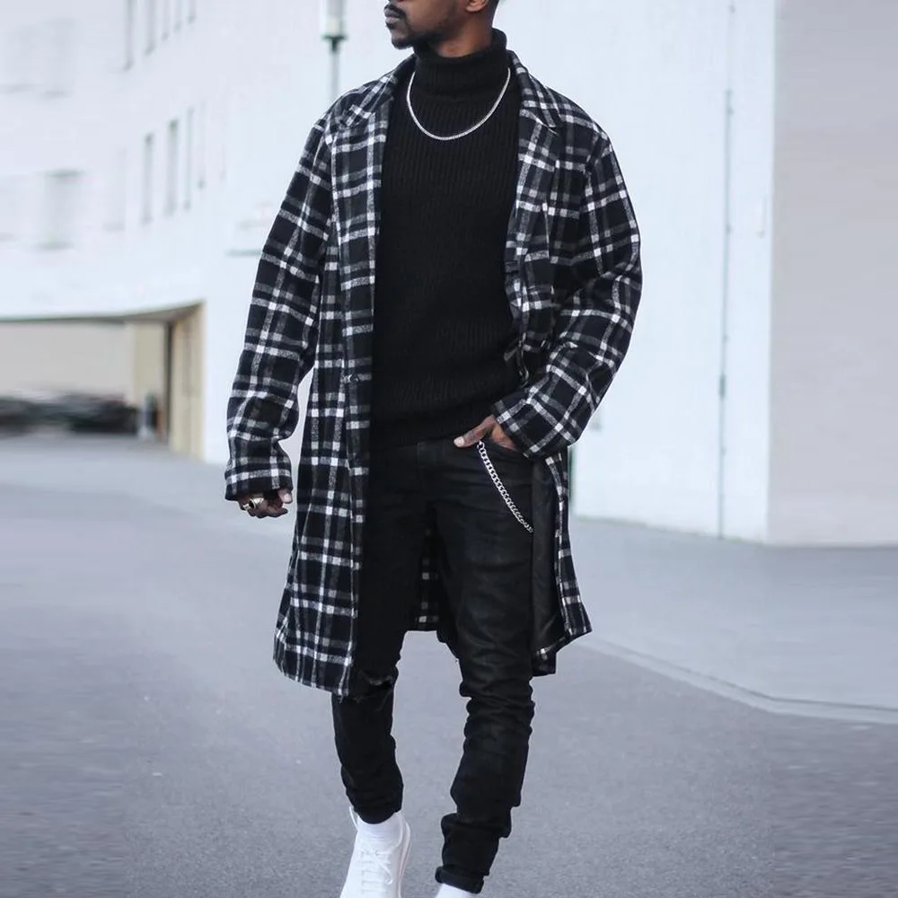 

Check Woolen Coats Trench Windbreaker 2021 Mens Plaid Jacket Men's Slim Fit Windbreak Long Coat Men Winter Coats Homme Plus Size