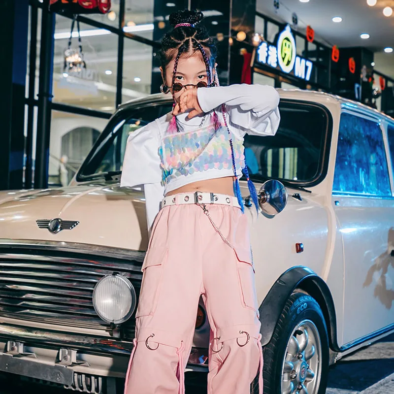 

New Girls Jazz Dance Costumes Modern Street Dance Sequin Tops Pink Pants Kids Hip-Hop Suit Catwalk Show Stage Clothing 120-160