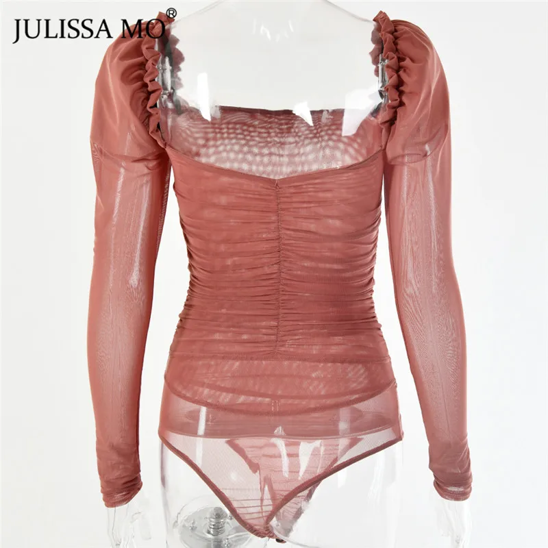 Julissa mo, черный, двойной слой, сетка, сексуальный боди, женские топы, осень, новинка, длинный рукав, средняя талия, боди, для девушек, бодикон, комбинезоны