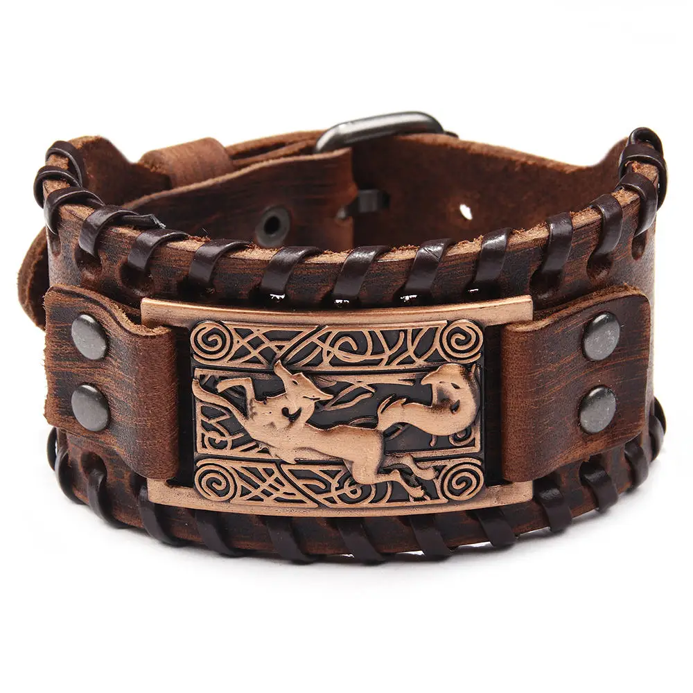 QNW2580 Brown Браслет-манжета из натуральной кожи с регулируемой металлической пряжкой Viking Compass Vegvisir для женщин и мужчин - Окраска металла: QNW2580 Brown