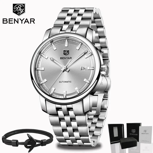 Silver White BoxGift Новинка, BENYAR, Мужские автоматические механические часы, мужские часы, Топ бренд, Роскошные мужские часы, военные наручные часы, Relogio Masculino - Цвет: Silver White BoxGift