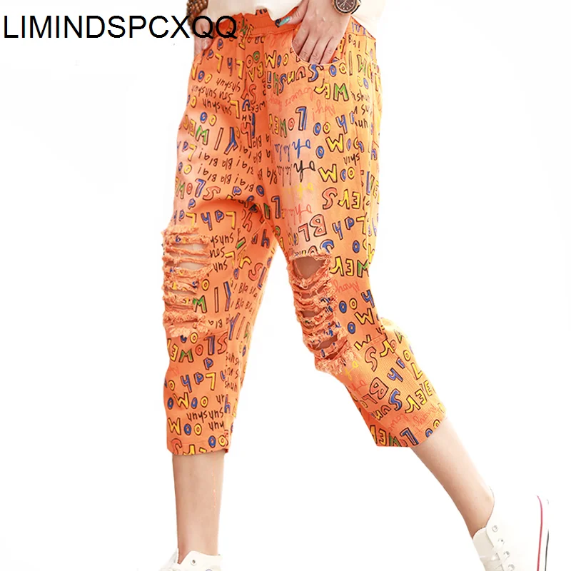 

LIMINDSPCXQQ Women's City Style Torn Jeans, Orange Jeans With Holes And Printed Letters, Punk, Big Size, Summer, 2021 Fashion