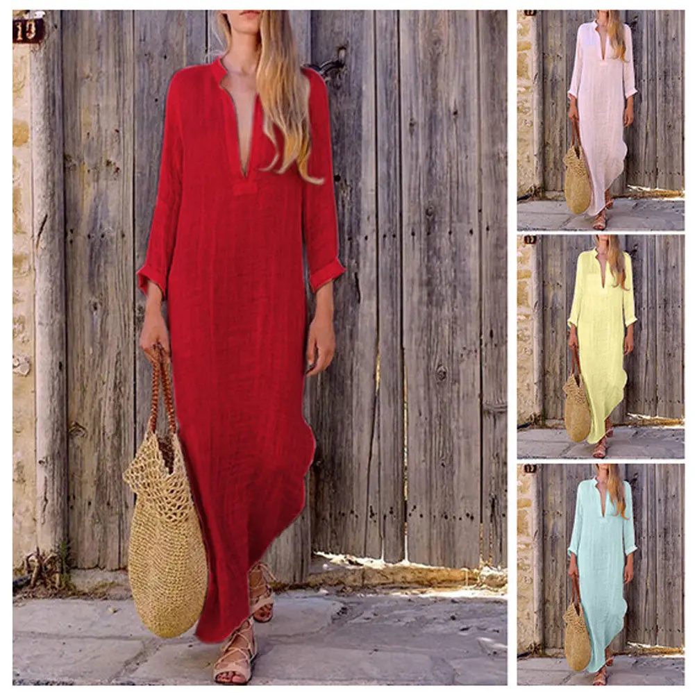 

Women Gypsy Dresses Robe Long Sleeve V-neck Ethnic Boho Cotton Linen Summer Beach Maxi Loose Dress S-XL