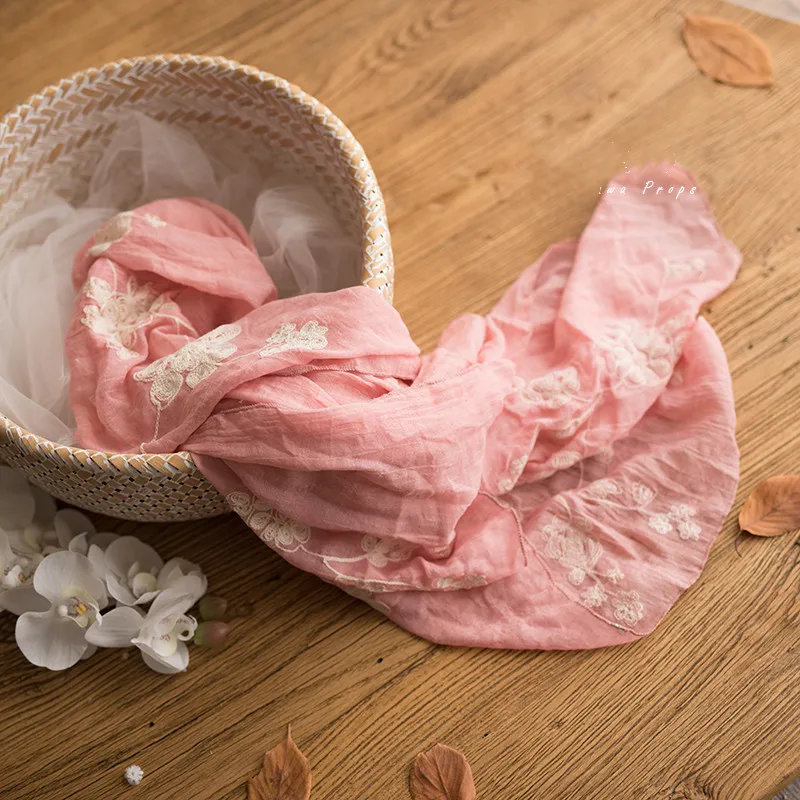 Accesorios de fotograf&iacute;a para ni&ntilde;a reci&eacute;n nacida, envoltura de lino y algod&oacute;n con flores rosas, manta bordada, Fondo para fotograf&iacute;a de beb&eacute;, accesorios para fotograf&iacute;a-5