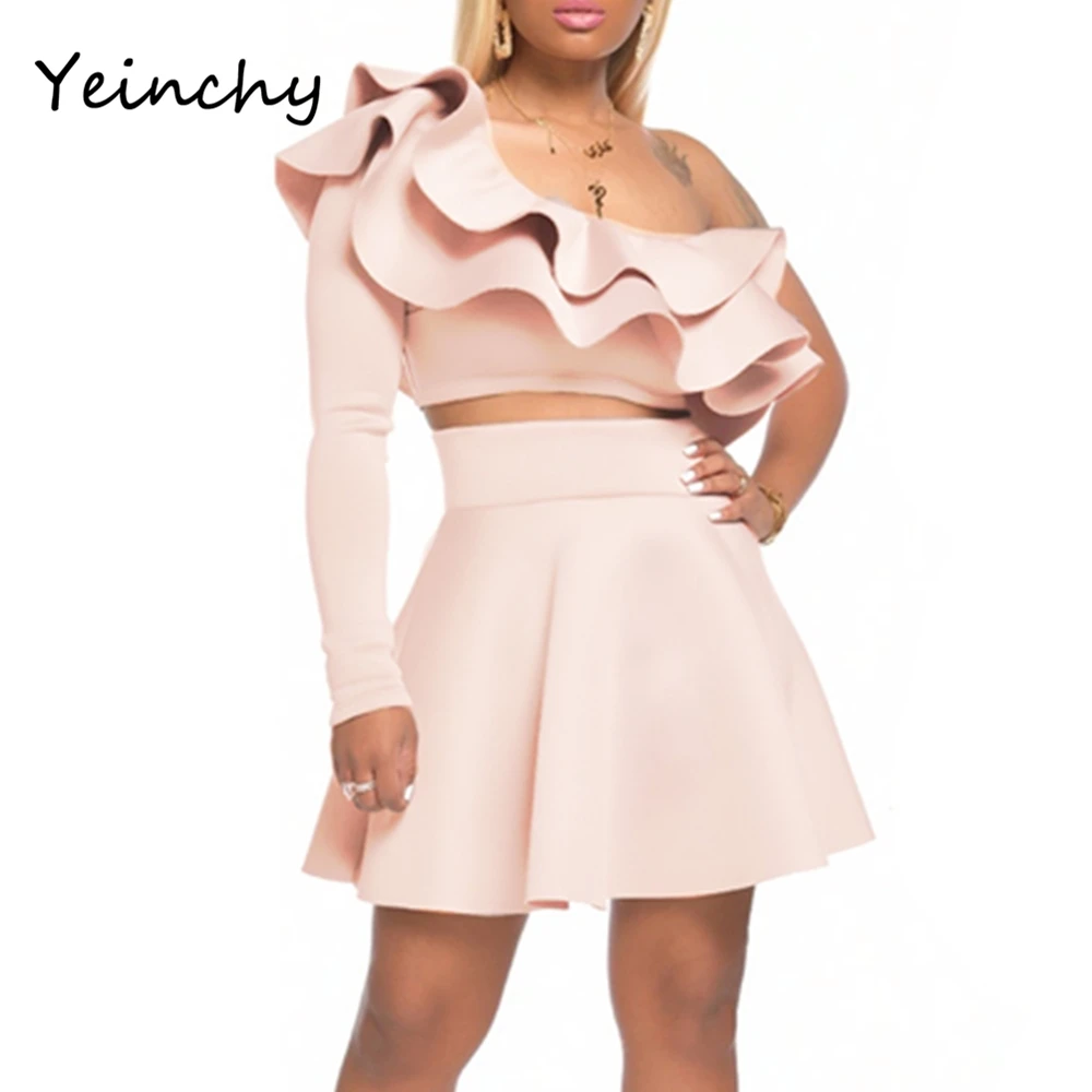 

Yeinchy fashion women one long sleeve set ladies holiday ruffles two pcs top and skirt set FM6249