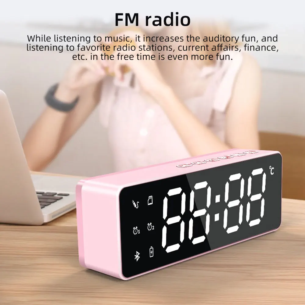 

2021 Bluetooth 5.0 Speaker Wireless Stereo Speakers with LED Alarm Clock Thermometer Brightness Dimmer Support TF Card Function