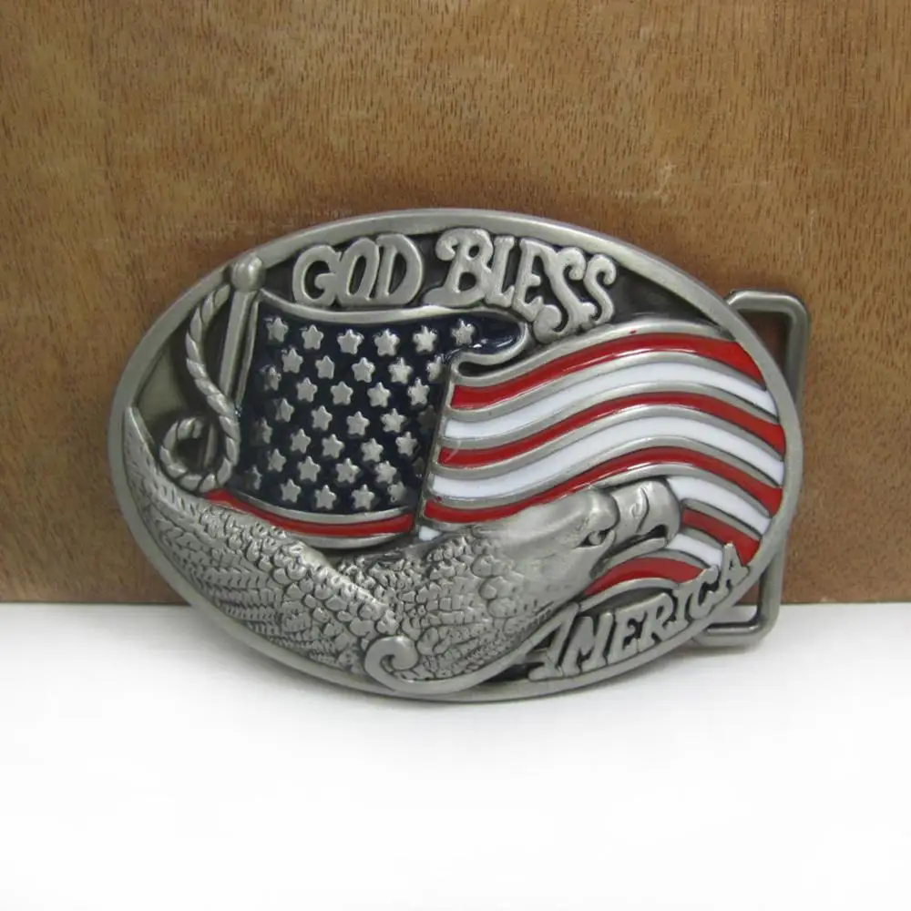 Оптовая продажа пряжек Buckleclub "Бог благословляет Америку" с орлом и флагом США для джинсов FP-03356, отделка - пьютер, для мужчин.