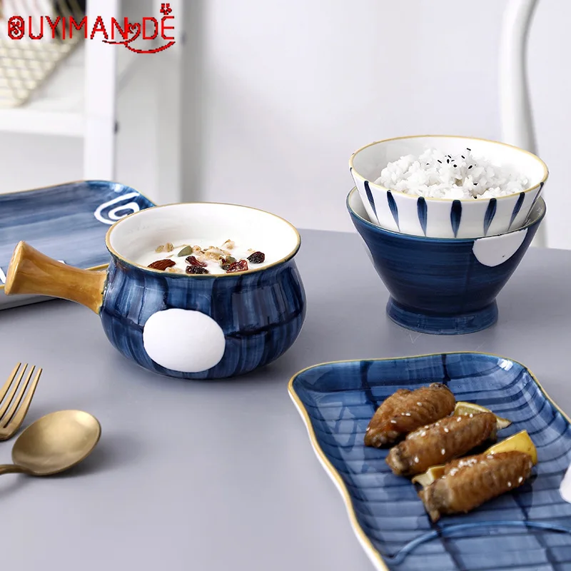 

600 Ml Hand-painted Japanese Breakfast Tableware Set Noodle Soup Bowl with Handle Bird's Nest Oatmeal Yogurt Patch Dessert Bowl