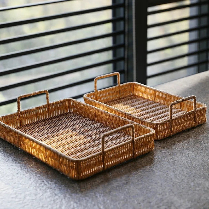 

Plastic Storage Tray With Handle Imitation Rattan Weaving Basket Sundries Plate Fruit Platter Tea Tray Dinner Serving Tray