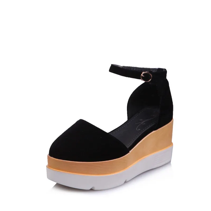 

Casual Woman Shoe Clogs Platform Big Size Creepers TPR Scandals Flock High Leisure Basic Wedges Rome PU Cover Heel Solid Buckle