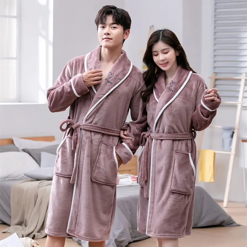 Winter Facecloth Thickened Couple Robe Women Coral Velvet Bathrobe Men and Women Plus Velvet Plus Long Pajamas Home Wear Pajamas