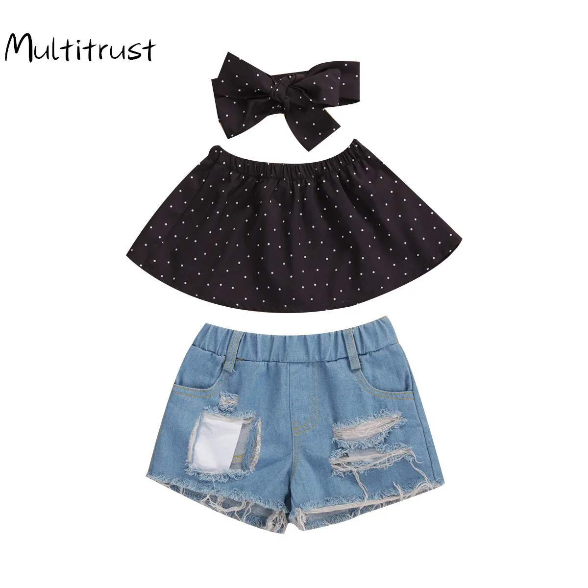 

3-7Y Toddler Baby Girl 2020 Summer New Dot Prins Off Shoulder Top+Hole Denim shorts +Headband 3pcs Outfit Stylish suit