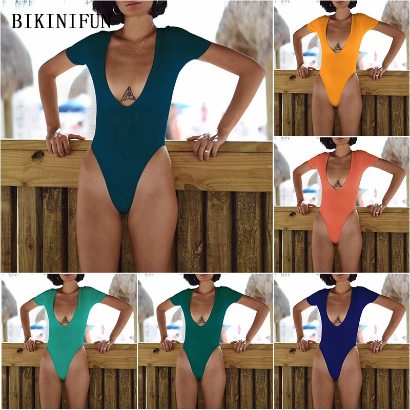 Новинка 2020 сексуальный женский купальник с коротким рукавом глубокий v образный