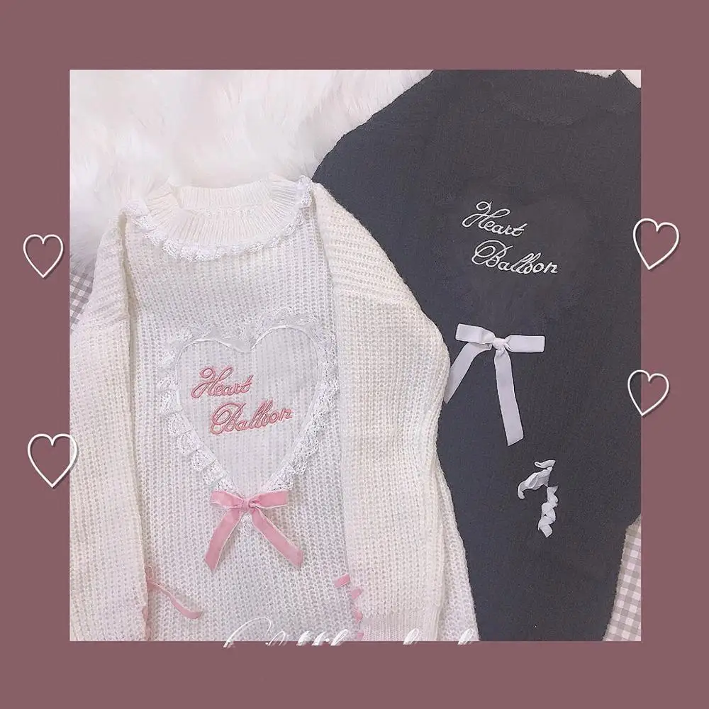 Lolita Cute Girl's Cashmere Long Sweater Japanese Warm Knit Pullover Dress Kawaii Heart Lace Patchwork Women Black Pink Jumper | Женская