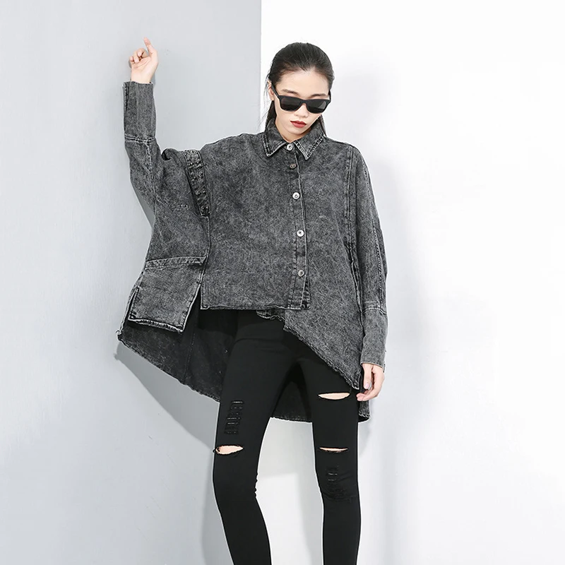 [EAM] джинсовая куртка свободного кроя с карманами, новинка, с отворотом, с длинным рукавом, Женское пальто, модное, Осень-зима, 1D091
