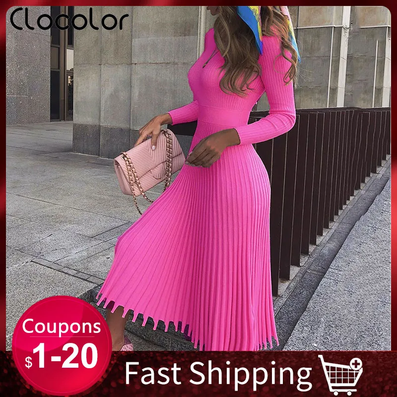 Женское плиссированное платье-свитер средней длины розовое или синее Элегантное