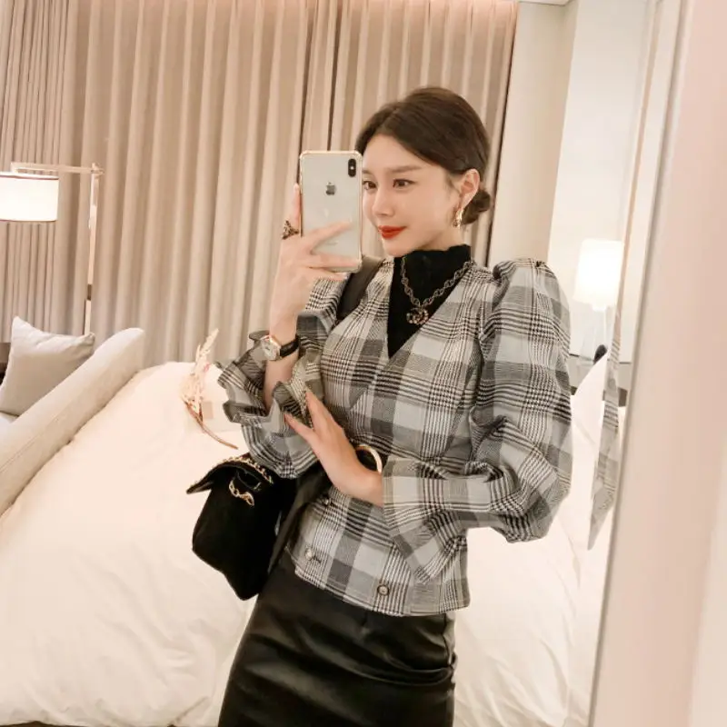 Элегантный корейский стиль 2 шт. костюмы женские осенние клетчатые топы с принтом