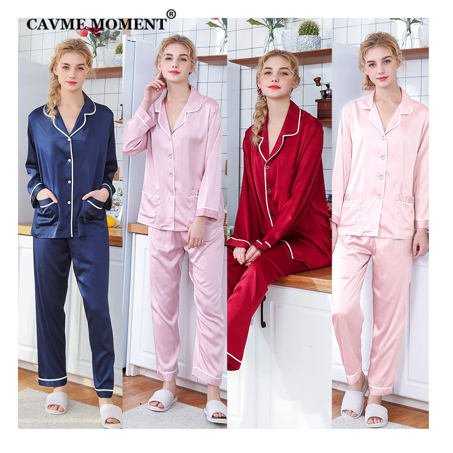 CAVME Satin Silk Pajama Sets for Lover Solid Color Women Pajama Full Sleeve Pants Soft Sleepwear Homewear PLUS SIZE