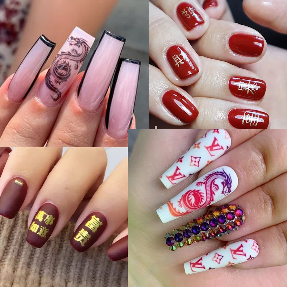 

Dragon Nail Sticker For Gel Polish Red Black Gold Chinese Character Self Adhesive Slider Manicure Nail Art Decora SAF720-723