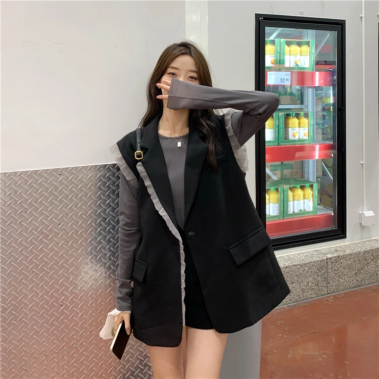 

Fashion Lace Patchwork Black Suit Vest Women Sleeveless Waistcoat Jacket 2021 Early Autumn Vest Office Lady