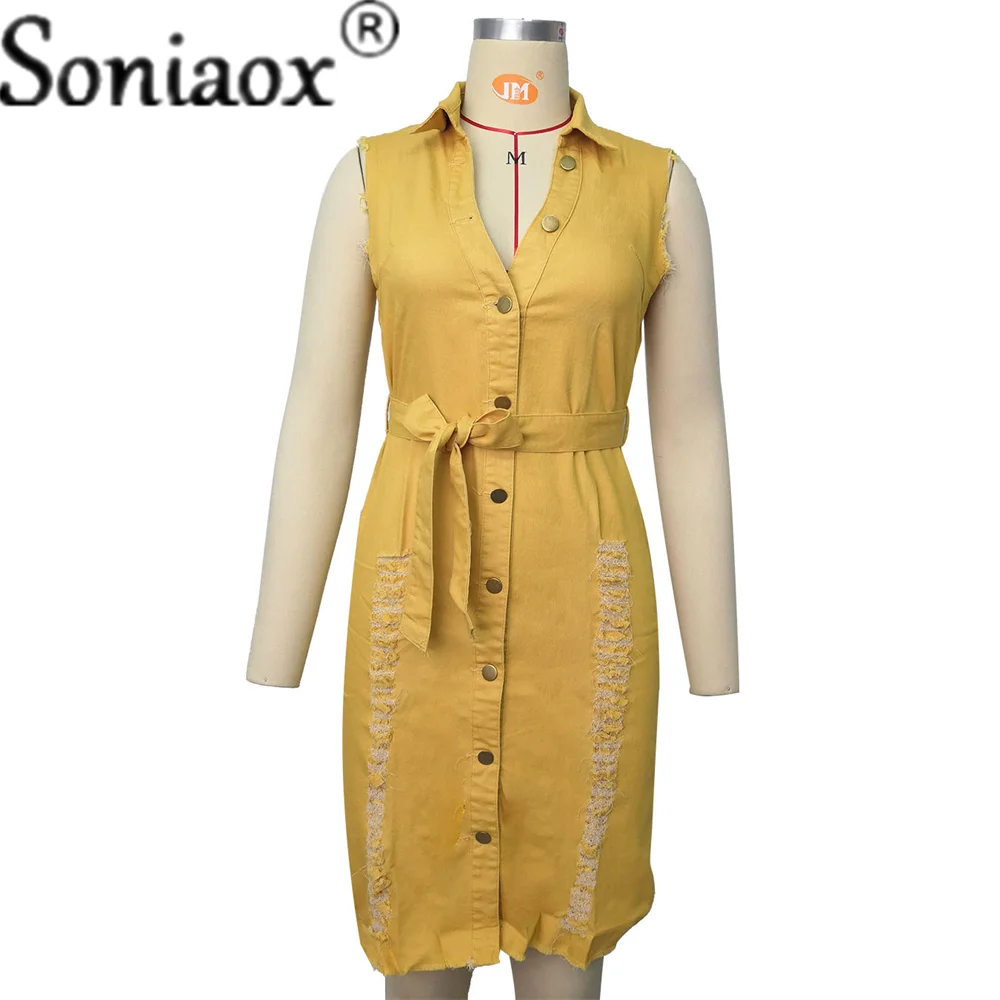 

Women Dresses Summer 2021 High Waist Lapel Single-Breasted Denim Dress Ladies With Lace Up Bodycon Sexy Plus Size Ripped Dress