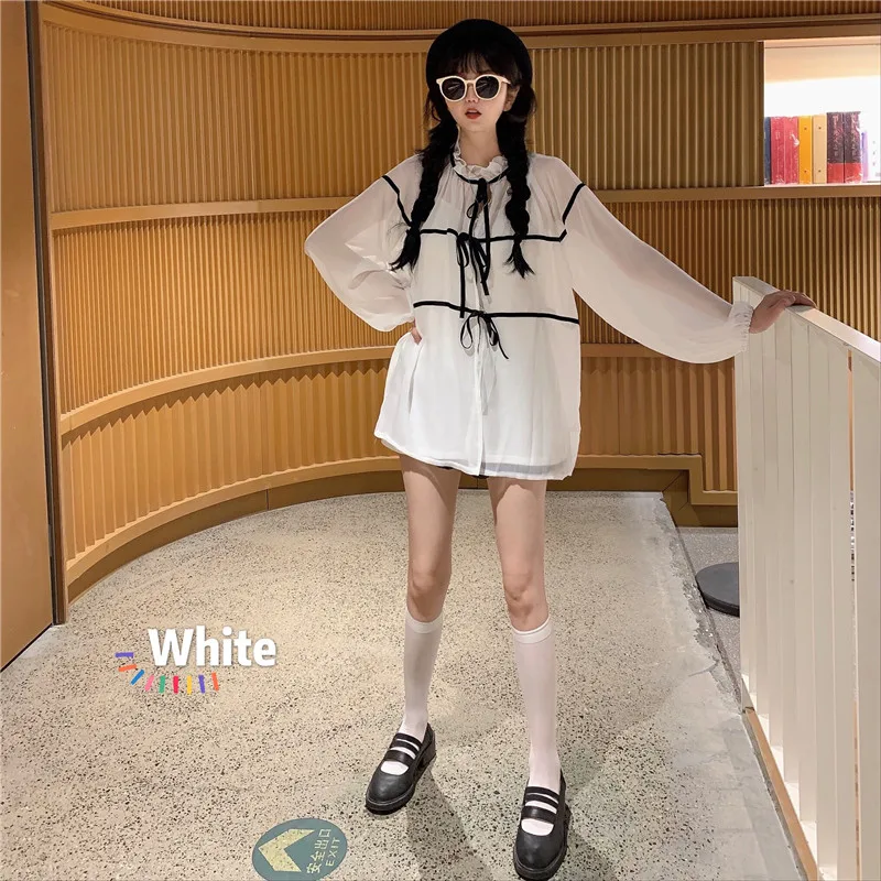 

casual o-neck loose lantern sleeve white bow full perspective ladies tops Women's Clothing fashion brand Trend summer Shirts