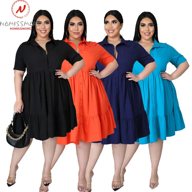 

Fashion Women Solid Color A-Line Dress Single-Breasted Design Ruffles Decor Turn-down Collar Short Sleeve Mid Waist Slim Dress