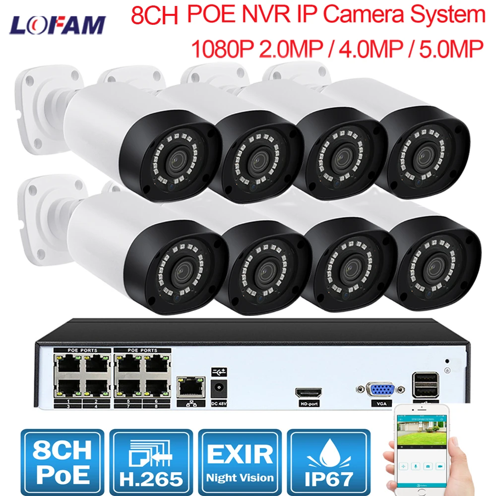 LOFAM 2.0MP 4.0MP 5.0MP 8CH POE NVR комплект 1080P H.265 Открытый Водонепроницаемый День Ночь PoE IP CCTV