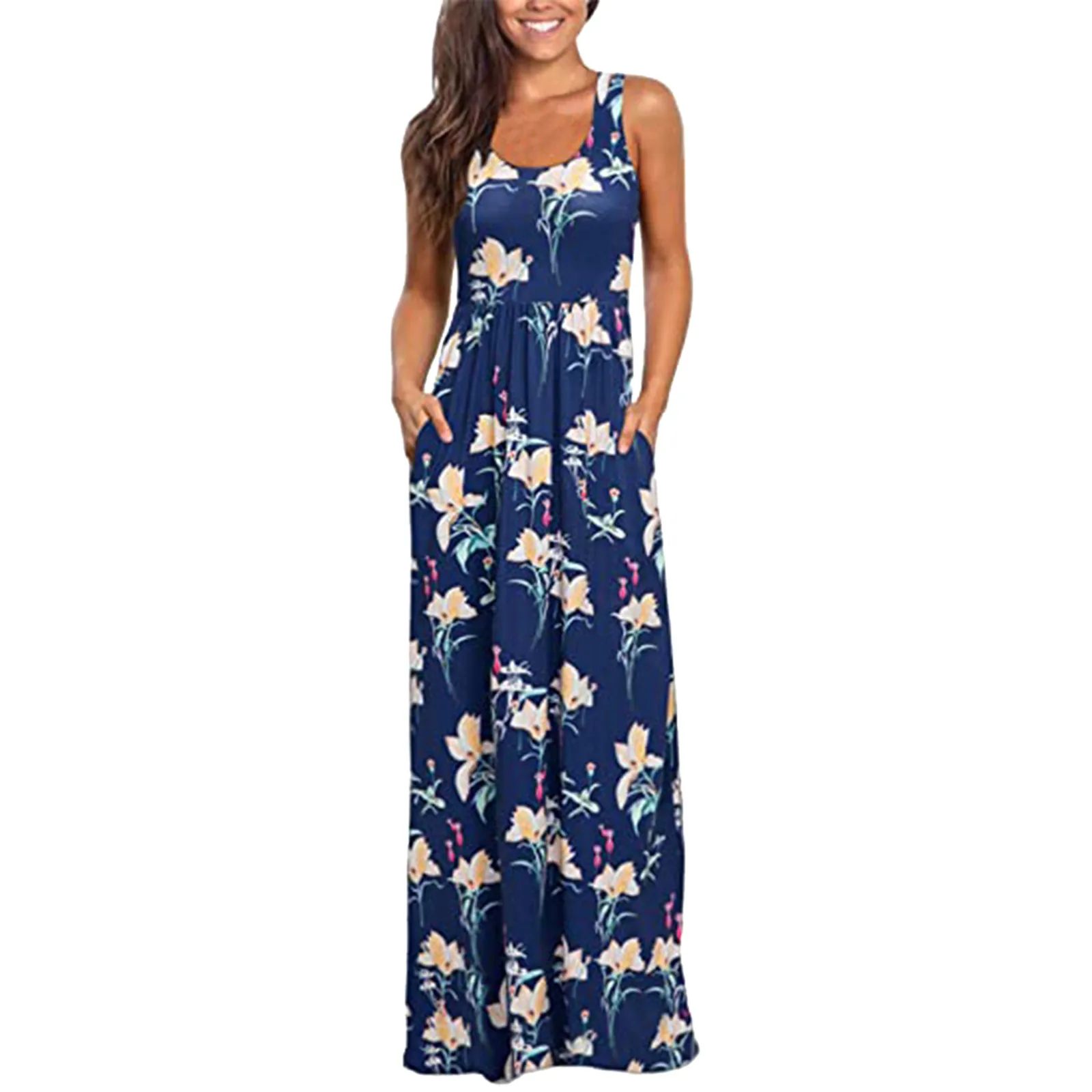 

Dresses for women's Sleeveless Pocket Casual Floral Print Beach Long Maxi Loose Dress Summer Dress Femme Robe Vestidos Mujer