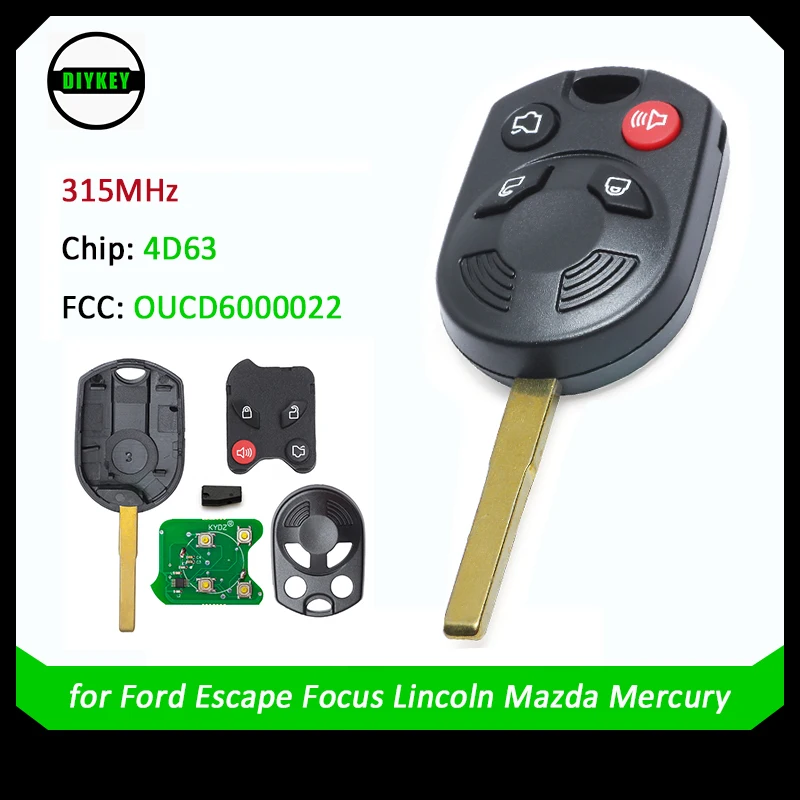

DIYKEY Complete Remote Car Key Fob 4 Button ID63 Chip 80 Bit For Ford Edge Escape Focus Lincoln Mazda Mercury OUCD6000022 315Mhz