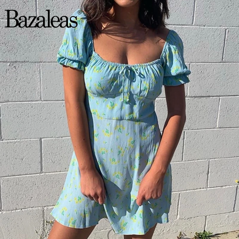 Женское мини платье Bazaleas винтажное праздничное синего цвета с цветочным принтом