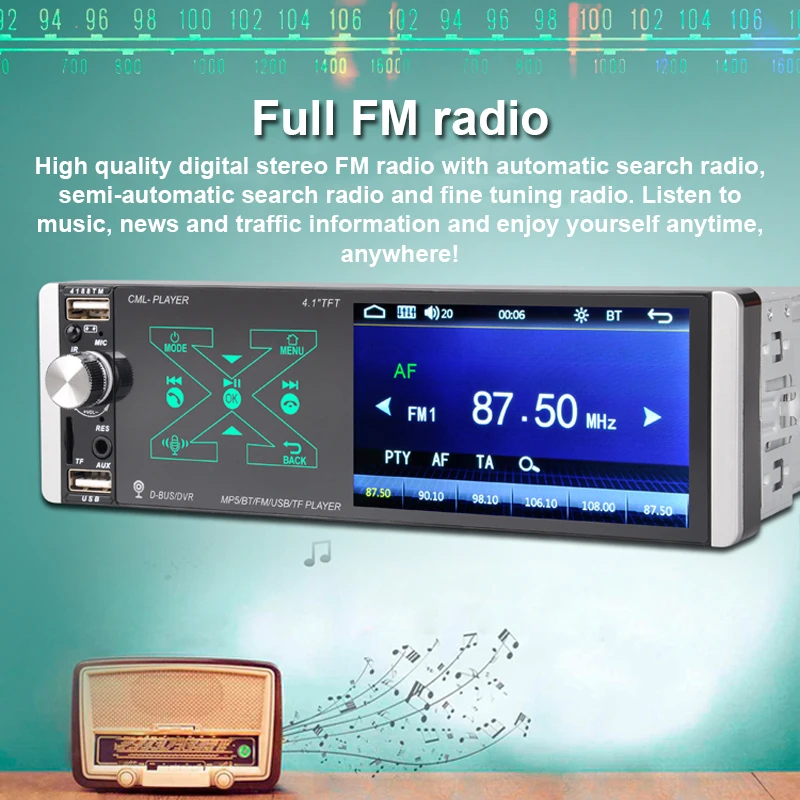 

Smart AI Voice Capacitive Screen Player 4.1 Inches Single Lngot MP5 With Steering Wheel Remote Control Bluetooth Dual Channel