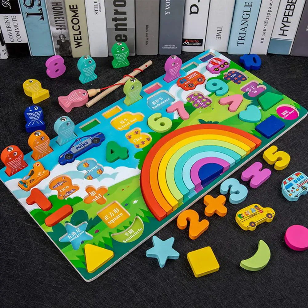 

Kids Montessori Math Toys For Toddlers Educational Wooden Puzzle Fishing Toys Count Number Shape Matching Sorter Games Board Toy