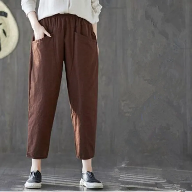 

New Style Fashion Solid Summer Pants Women Elastic Waist Plus Size Casual Harem Pant Trousers Female Loose 9Capris J111