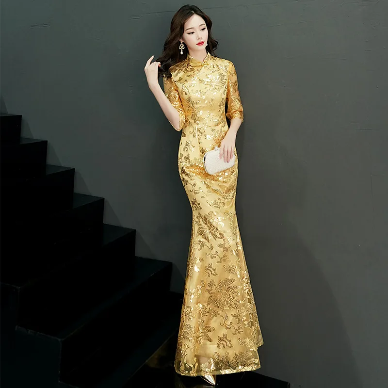 Женское кружевное платье-Ципао элегантное винтажное платье с блестками и Ципао