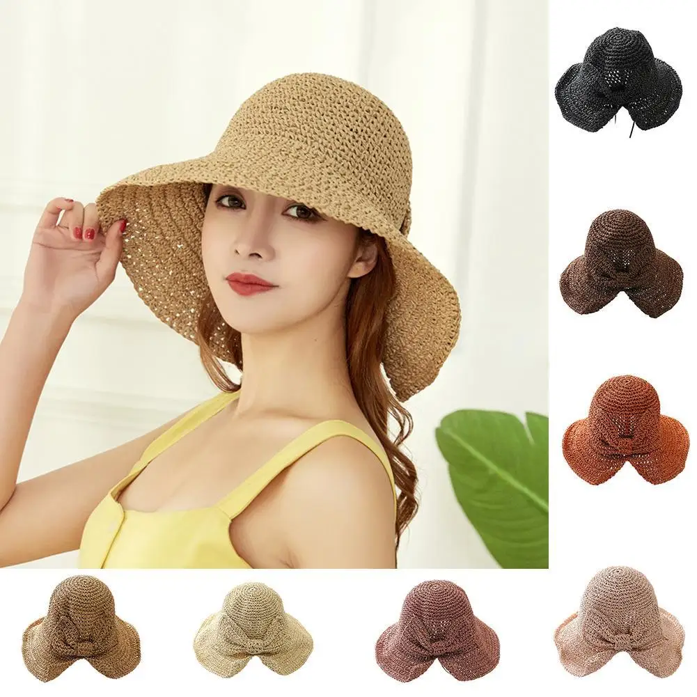 

80% HOT SALES !!! Summer Parent-child Raffia Handmade Woven Bow Sun Hat Panama Straw Dome Bucket Femme Seaside Beach Shade Hat