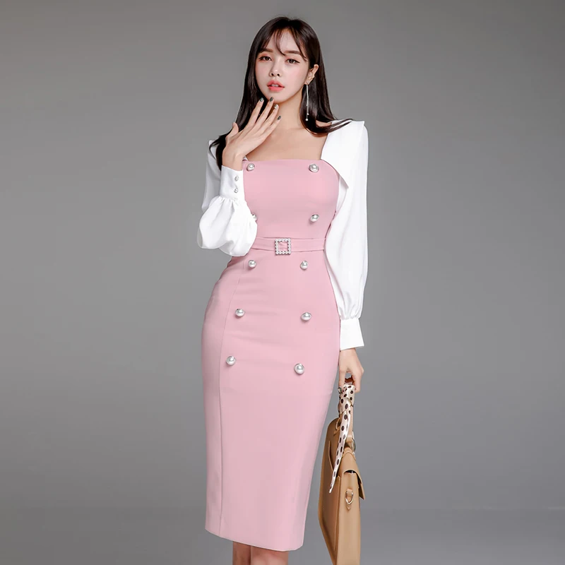 

Double-breasted Square Collar Pencil Dress Women Autumn 2020 Sheath Bodycon Dresses Wear To Work Business Vestidos