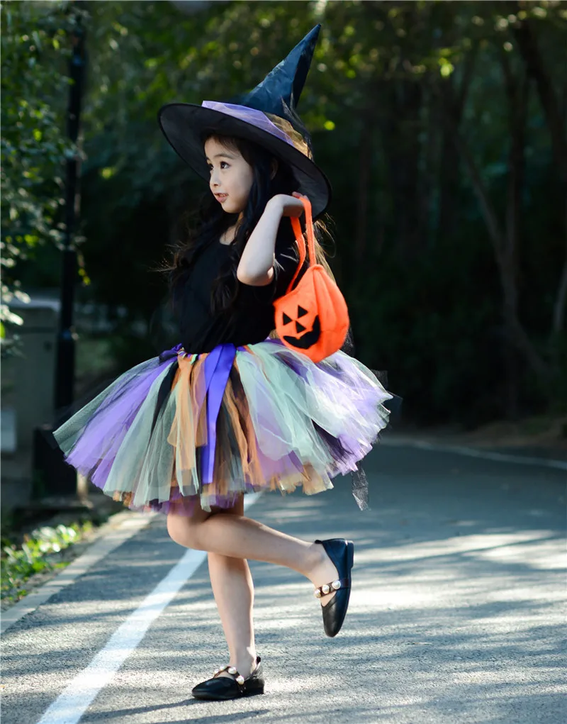 Платье-пачка для девочек на Хэллоуин косплей ведьма с шляпой тыквой реквизит
