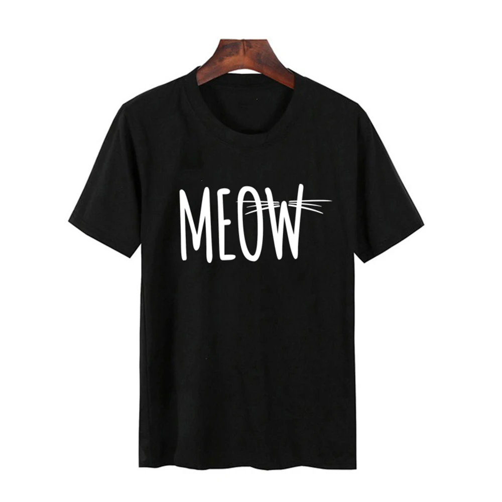 

LUCKYROLL Female T-shirts Casual Harajuku MEOW Letter Printed Tops Tee Summer T Shirt Women Short Sleeve Black Tshirt