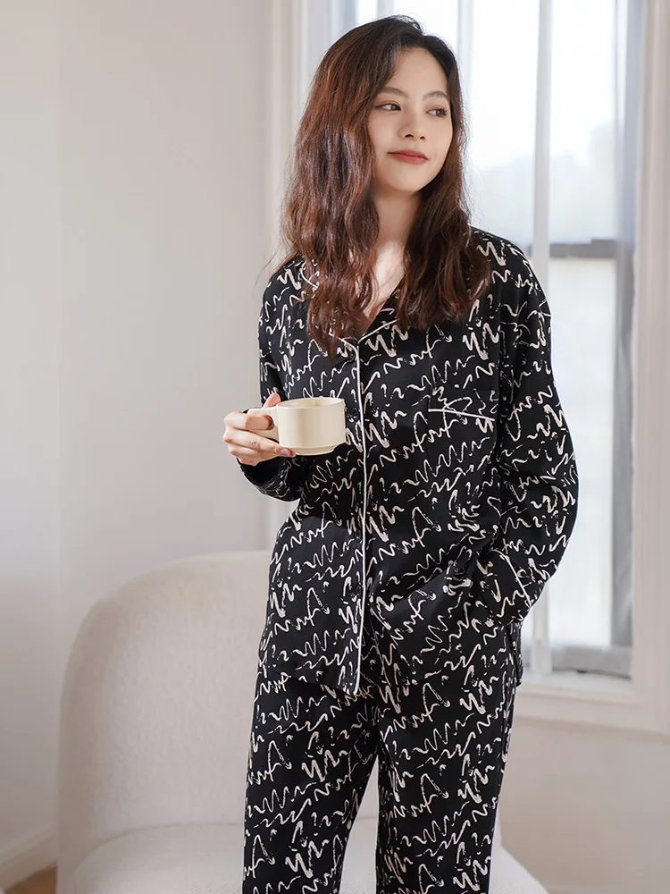 Winter 100% Cotton Pajamas For Women Printed Black Sleepwear For Ladies Home Clothes 2pcs PJ  Pure Cotton Pijamas Pyjamas Women