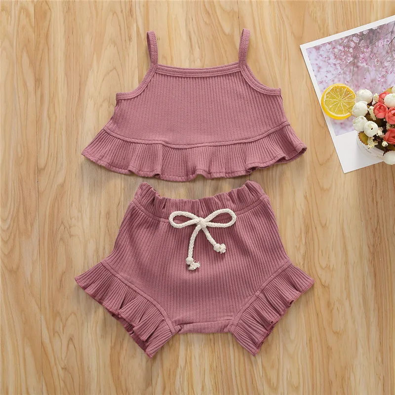 

Summer Baby Clothing Infant Newborn Baby Girls 2Pcs Set Outfits Solid Clothes Vest Ruffled Top Shorts 0-24M