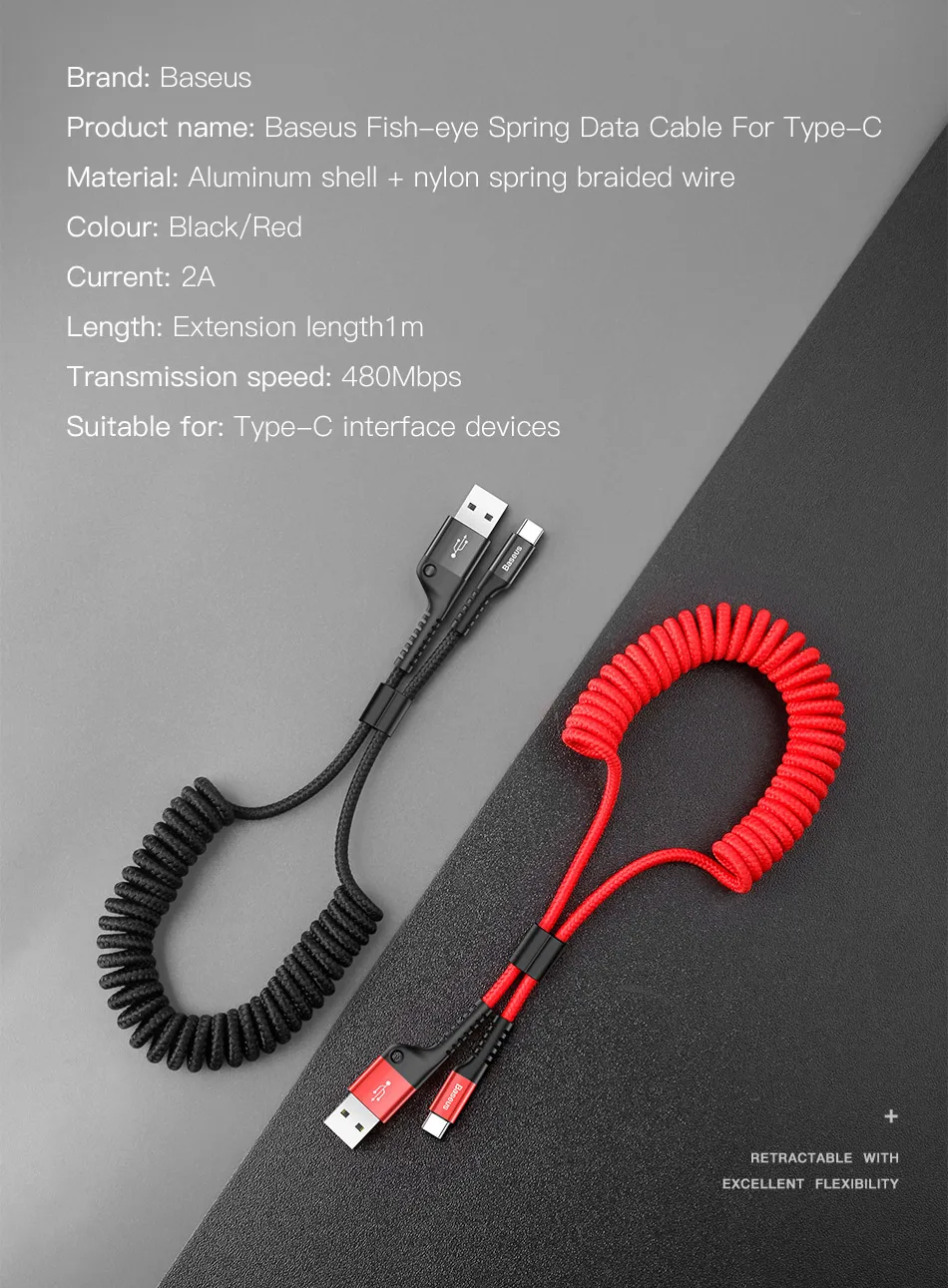 Baseus Весна USB Type C кабель гибкий эластичный стрейч кабель синхронизации данных и зарядки для samsung Xiaomi для iPhone кабель мобильного телефона